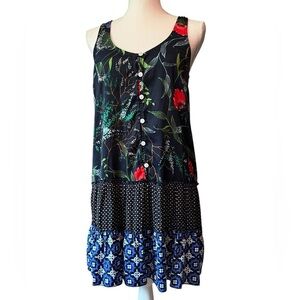 Aerie Navy, Black, Red and Green Patterned Sleeveless Tiered Dress Size Small